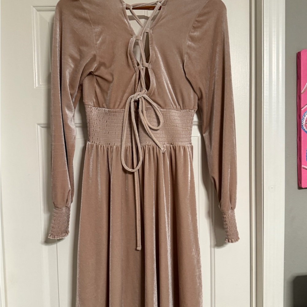 VENUS Taupe Velvet Midi Dress with Lace-Up Back